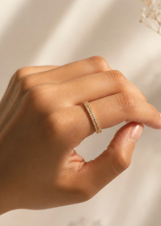 Ring Stacker (Eva and Celeste Oval) styling detail worn on hand